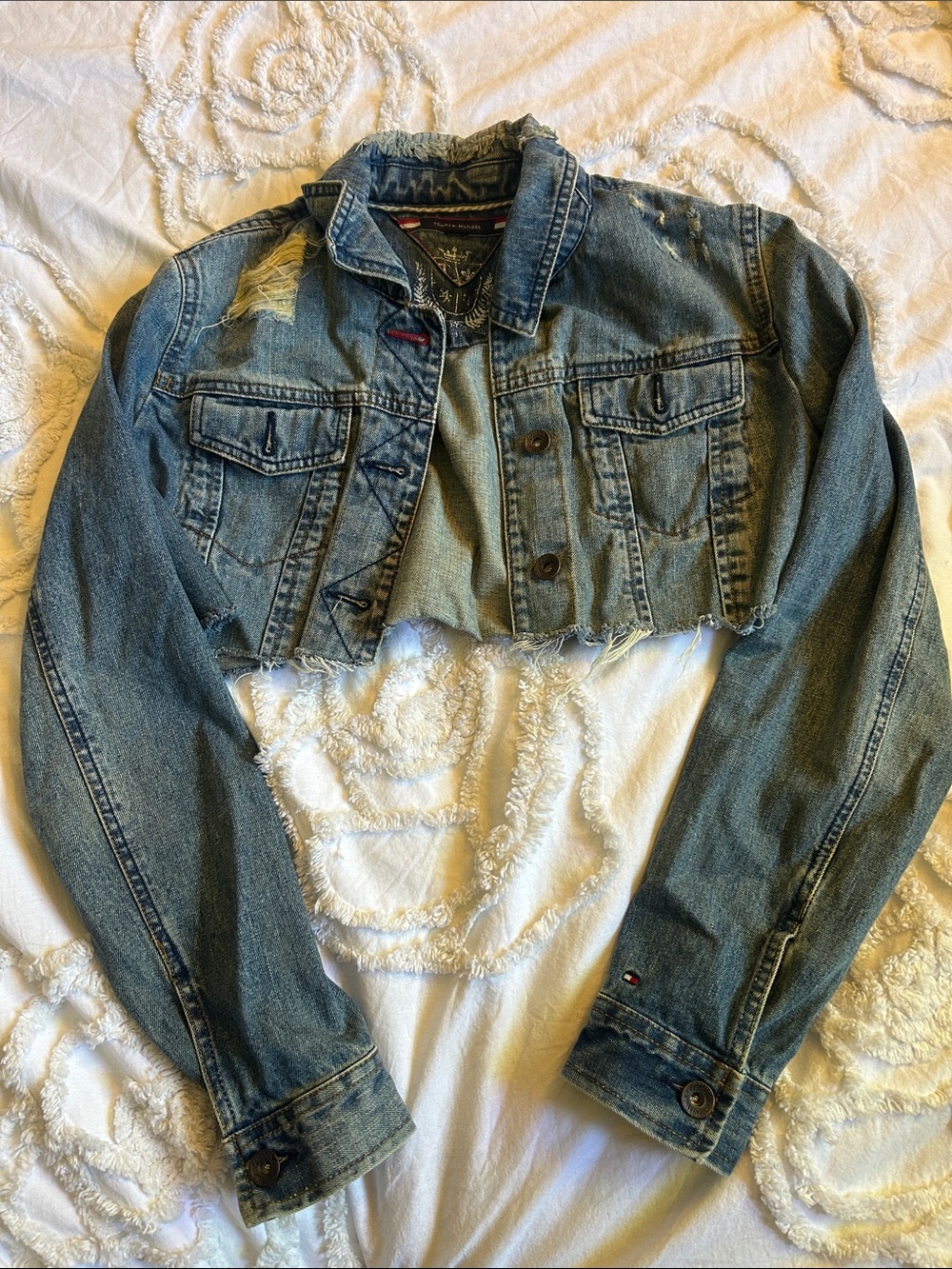 Tommy Hilfiger Micro Cropped Distressed Denim Jacket - Blue